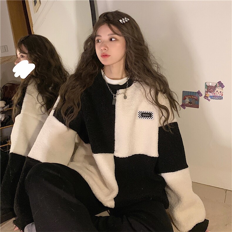 慵懒风撞色羊羔毛卫衣加厚加绒外套宽松潮insE012-P55,女装短外套,星座911-2(原星座613-2）
