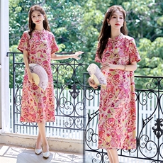 新中式连衣裙女2025年夏季新款国风复古印花盘扣改良短袖旗袍裙子，女装连衣裙，罗得堡