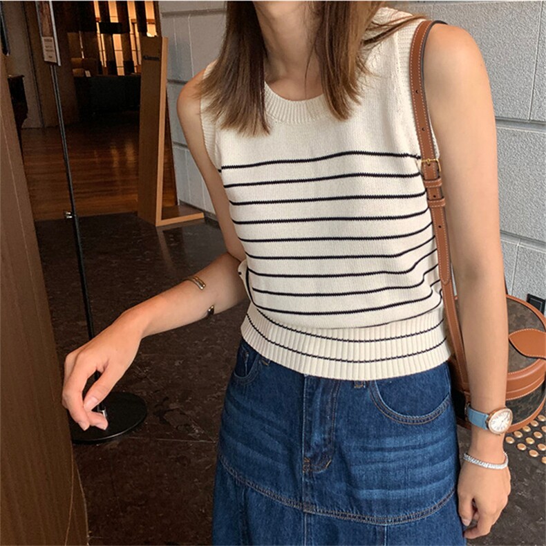 2024年夏季时尚无袖百搭圆领套头条纹短款背心，女装背心吊带，佳弈羊绒