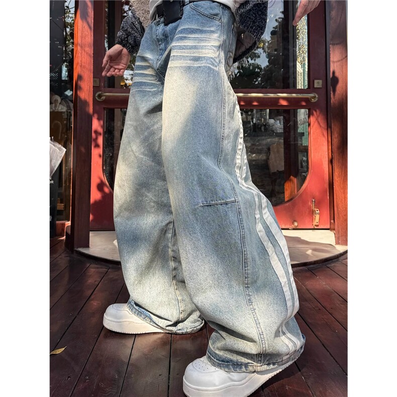 美式复古做旧猫须弯刀牛仔裤男设计感宽松阔腿拖地裤网BN225-P56，男装牛仔裤，星座1001-1