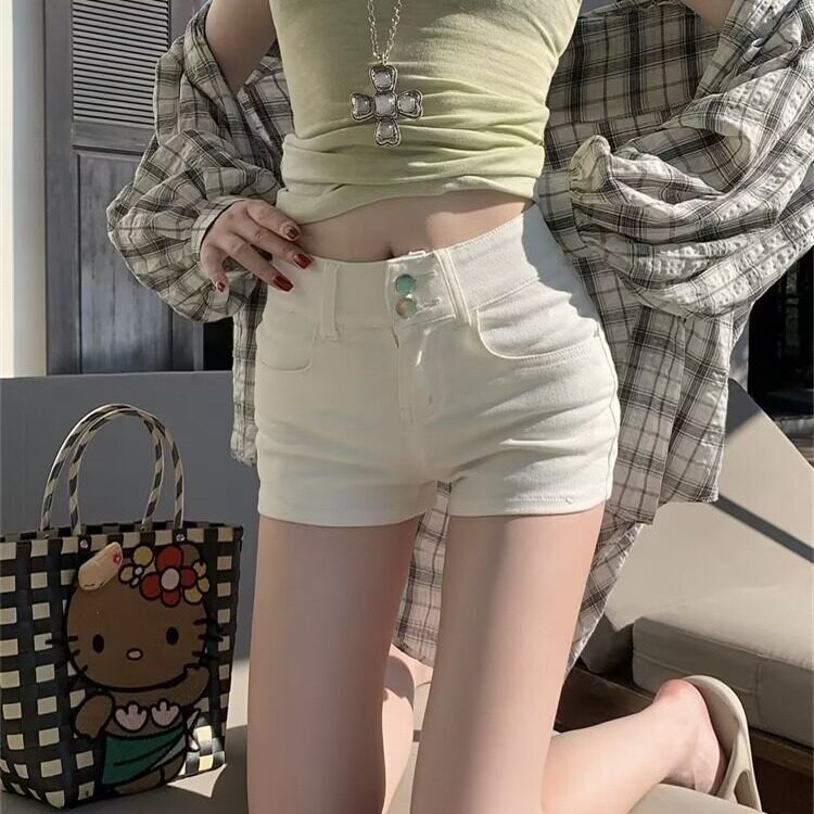 拉夏贝尔黑色弹力牛仔短裤女夏季高腰辣妹修身直筒裤白色包臀热裤,男装牛仔裤,星座1210-1