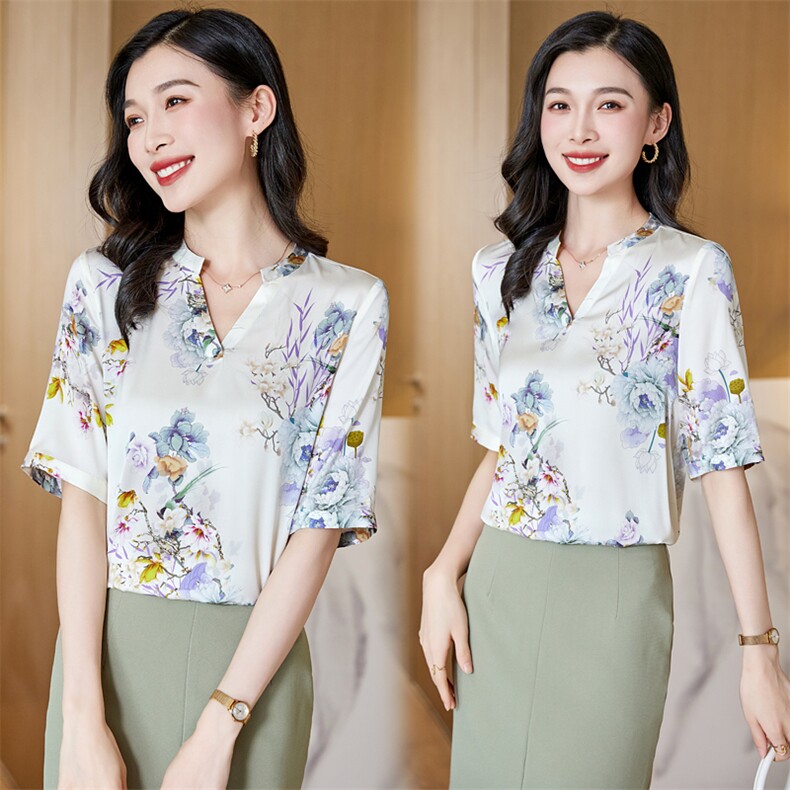 v领真丝衬衫女短袖夏季2025新款宽松大码印花桑蚕丝上衣中年妈妈,女装衬衫,阿舍尔精品