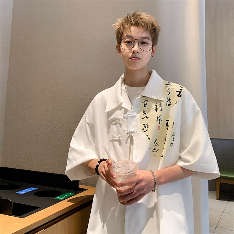 2026夏装潮男新中式印花盘扣短袖五分袖衬衫CS980/特P35白色5,男装衬衫,电商A094