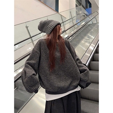 网图慵懒风仿兔绒条纹圆领套头卫衣男女秋季韩系外套上衣特P48，女装短外套，电商C306-1