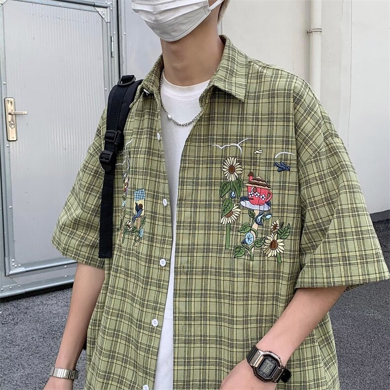 潮五分袖新款标准衬衫格子夏季男文艺青春流行ins慵懒方领简约图片