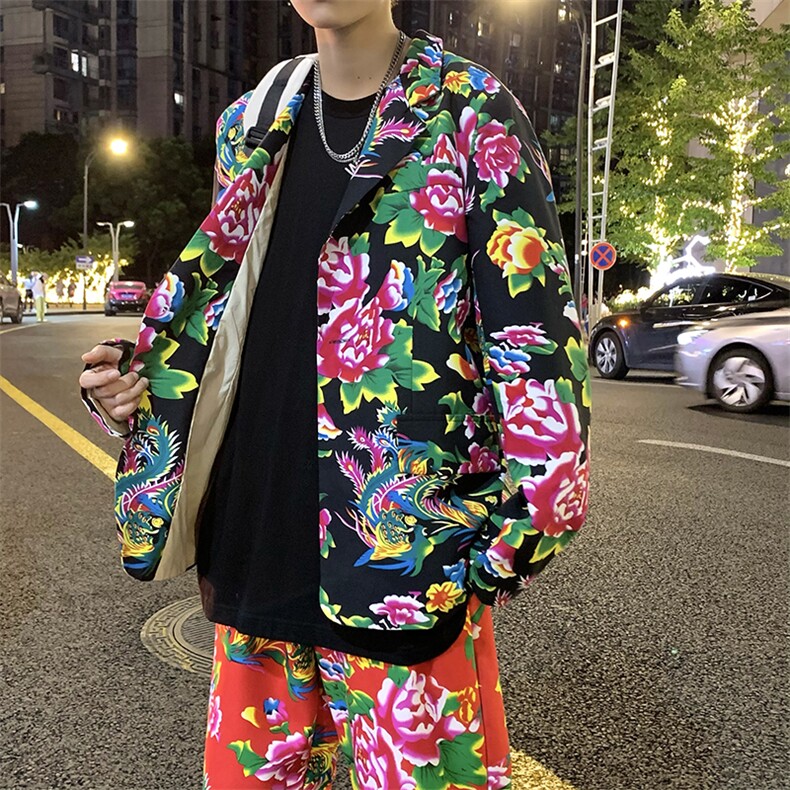 XF01男士港风文艺休闲大码西服套装西装东北大花民族风特色风图片
