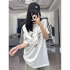 抖音得物高品质二开240克宽松纯棉美式潮牌三条杠织带短袖T恤，男装T恤，电商A486-1