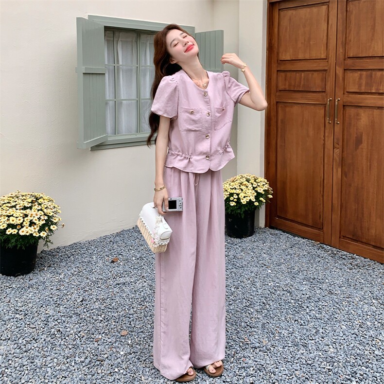 粉色泡泡袖套装女夏收腰阔腿裤两件套时尚显瘦223-1551P165K245,商品下架区,莘蕾