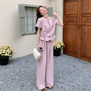 粉色泡泡袖套装女夏收腰阔腿裤两件套时尚显瘦223-1551P165K245图片