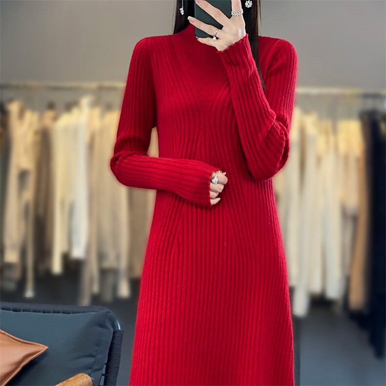 半高领修身抽条设计羊毛连衣裙显瘦百搭长袖针织裙气质女装秋冬季,女装连衣裙,狄美羊绒