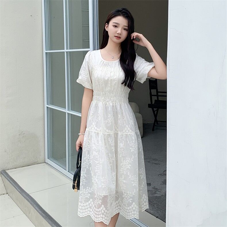 现货2024新中式圆领泡泡袖连衣裙女夏季新款高腰气质中长款百搭款图片