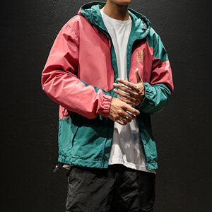 春装构成宽松撞色印花冲锋衣夹克衫潮男女嘻哈连帽外套男JK01/P90图片