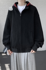 美式做旧假两件连帽卫衣男秋季潮牌拉链拼接格子开衫外套WY20P78，女装短外套，电商D206-1