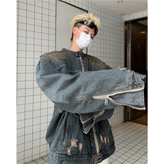 牛仔夹克外套袖子拉链复古水洗做旧牛仔外套男女潮夹克JK8632-P80，男装工装外套，星座302B-2