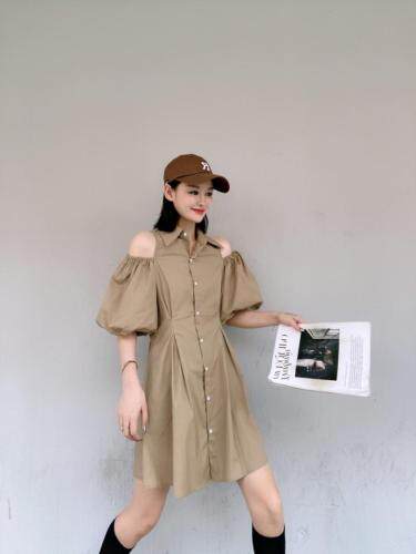 韩版漏肩泡泡袖连衣裙，女装连衣裙，玩美