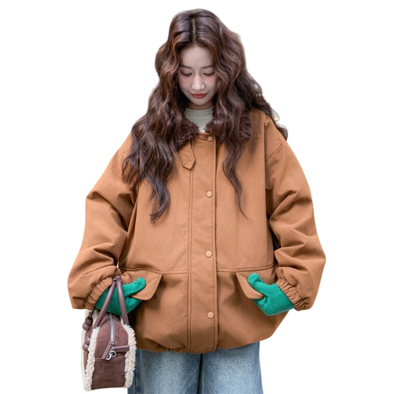 现货新款翻领时尚洋气加绒加厚鹿皮绒外套棉服上衣女,女装棉衣/棉服,韩然一族