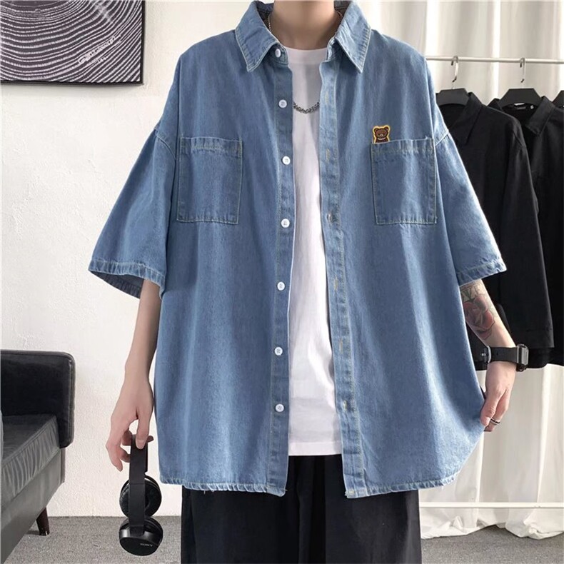 牛仔衬衫男短袖日系百搭五分袖衬衣外套宽松夏季上衣潮S1352-p45,男装衬衫,星座1008
