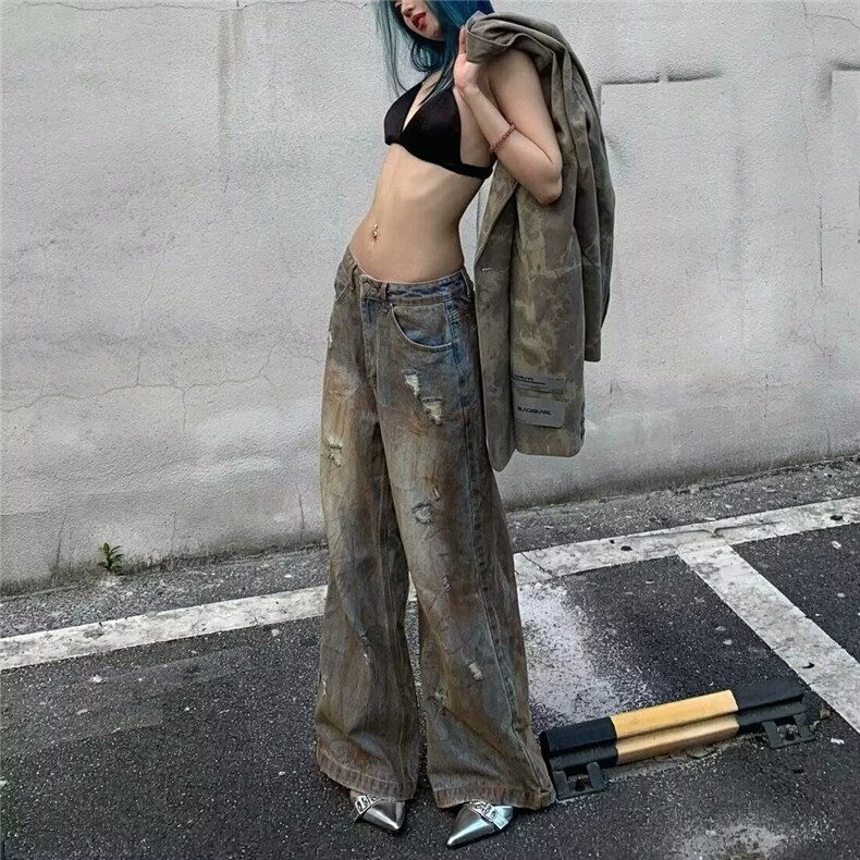 破洞牛仔裤男夏季薄款扎染美式hiphop阔腿裤高街复古宽松直,男装牛仔裤,星座506A