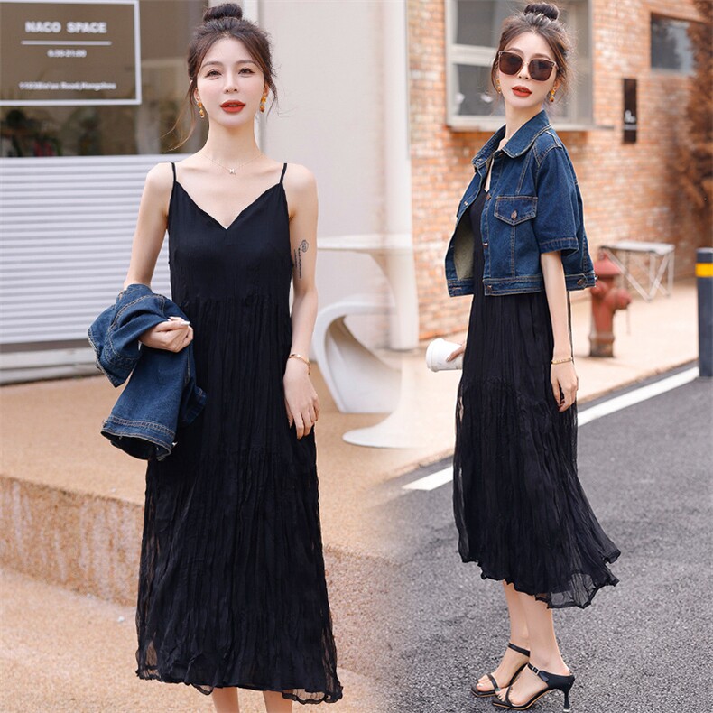 2023年夏季黑色吊带连衣裙+牛仔短袖两件套套裙女，女装套装/套裙，微微衣阁