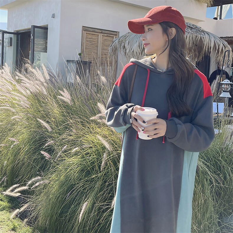 韩版撞色拼接连帽卫衣长裙女2025春秋季新款学院风宽松休闲连衣裙,女装连衣裙,2C088
