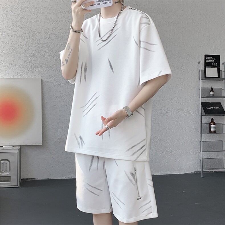 高品质猫爪布美式机车拉链套装夏季新款设计短袖短裤套装特P70图片