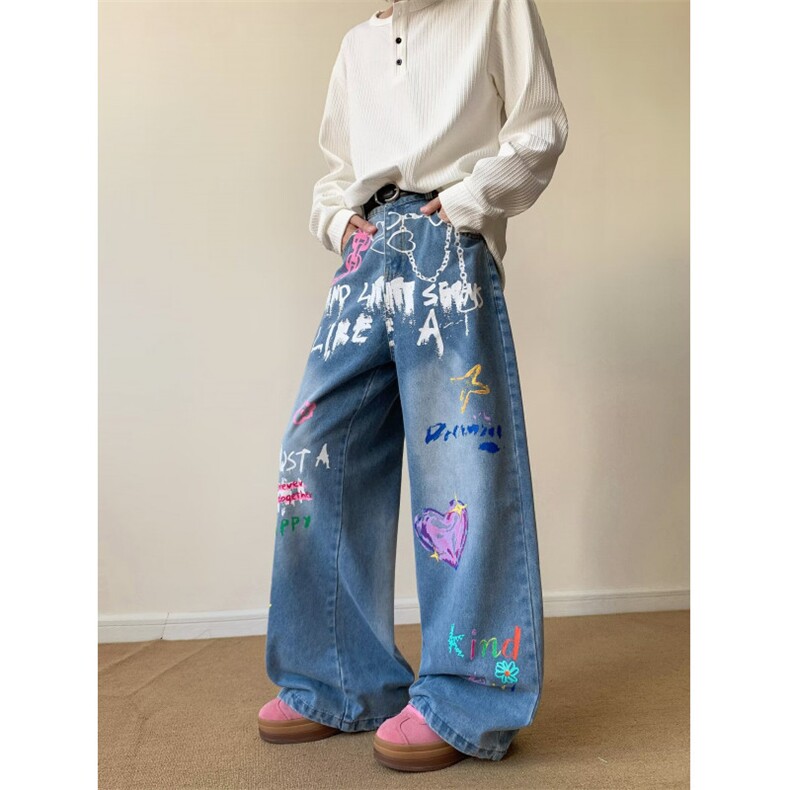 美式复古涂鸦印花牛仔裤女秋季2025新款阔腿裤拖地裤子RK3152-P55，男装牛仔裤，星座412-3