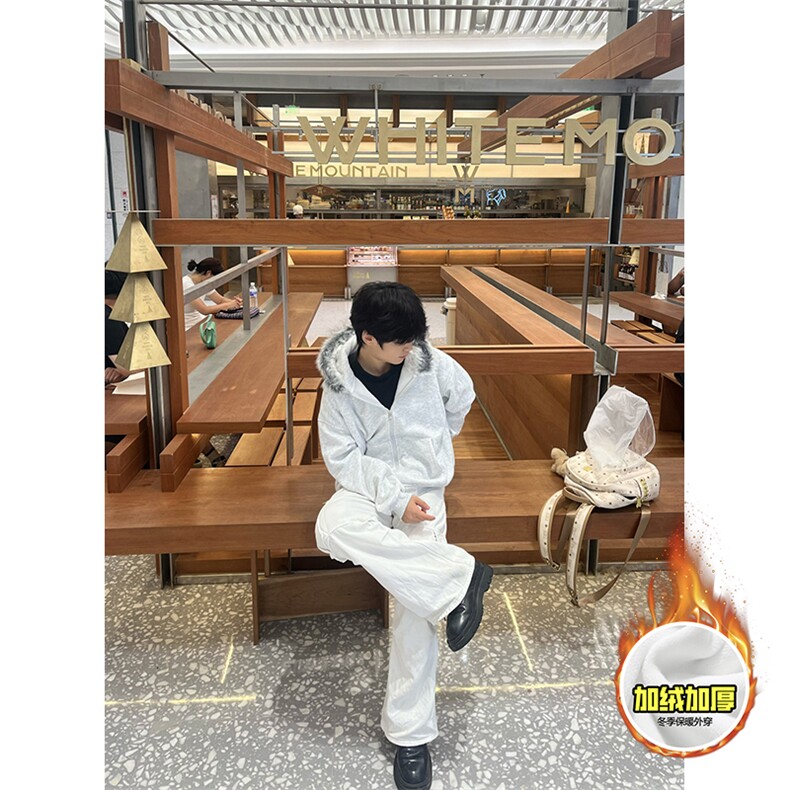480G重磅加绒硬挺boxy秋冬美式高街超大毛领座山雕连帽卫衣厚外套,女装短外套,电商A486