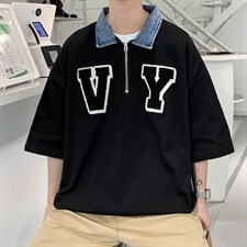 夏季美式复古刺绣t恤小众男潮牌半拉链牛仔领情侣短袖T970-P35,男装T恤,星座512-2