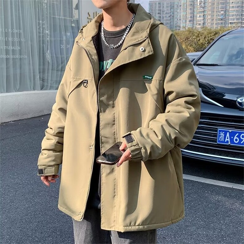 男长袖连帽潮时尚拉链潮流简约外穿冬季加绒冲锋衣羊羔绒MJ22P70图片