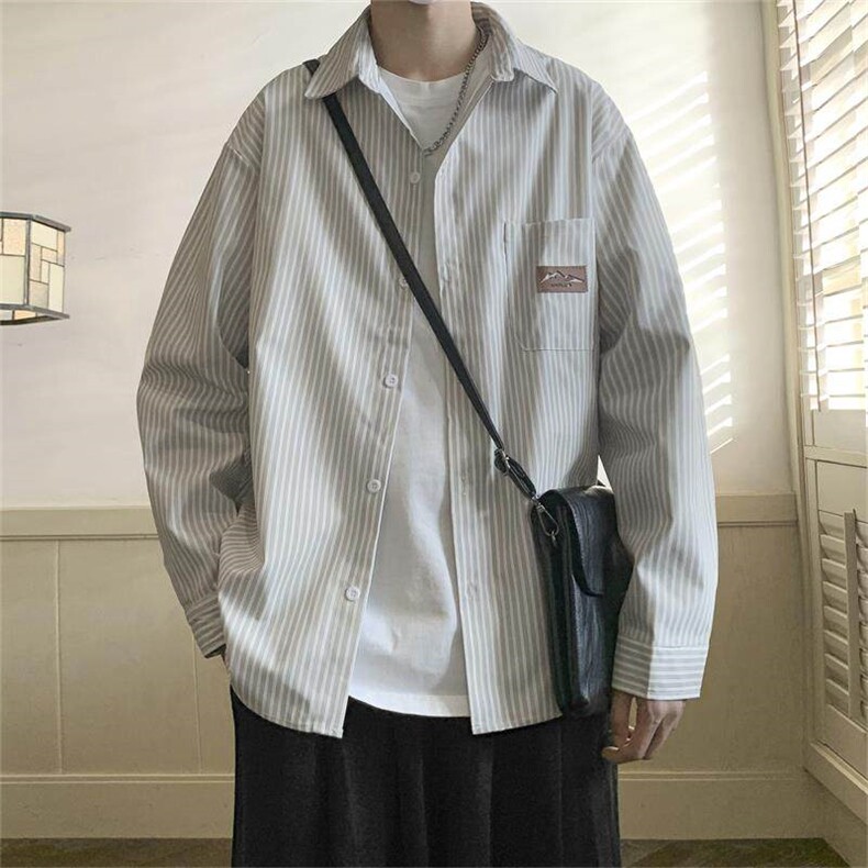 1506/Q3500/P36日系条纹翻领衬衫男秋冬宽松百搭青少年风外套,男装衬衫,星座1506