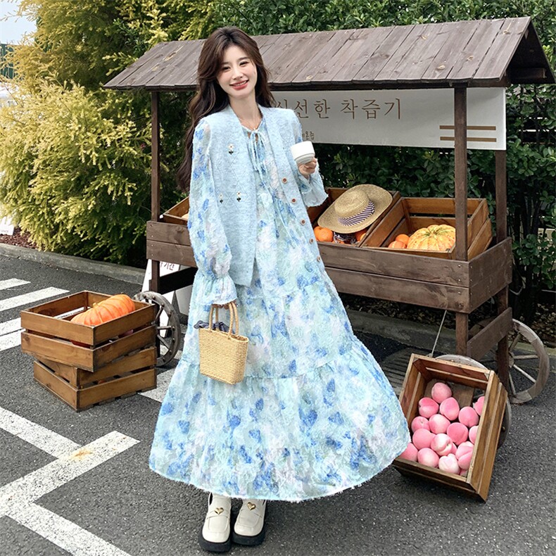 蓝色针织马甲碎花连衣裙女2025春季新款法式系带减龄长裙两件套,女装套装/套裙,2C232