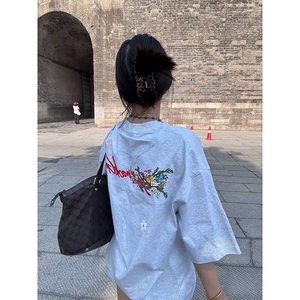 万针全刺绣工艺抖音得物高品质260克重磅纯棉双纱美式高街短袖T恤图片