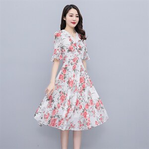 现货秒发碎花连衣裙夏天2023年新款v领荷叶边气质女神范雪纺裙子图片