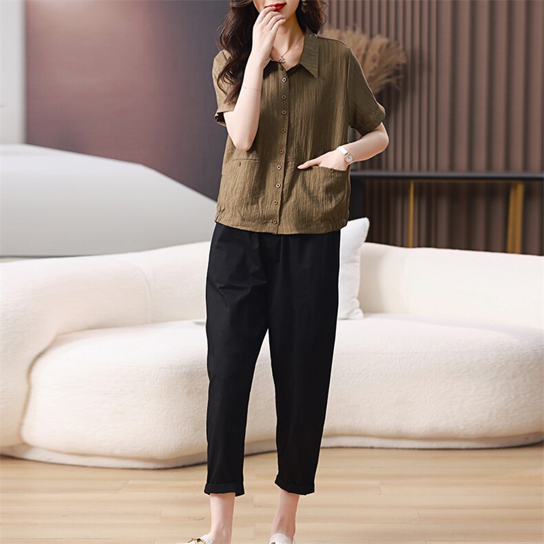 2023夏装新款纯色衬衫短袖两件套,女装套装/套裙,梦芯尔