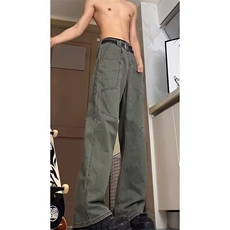 美式复古蓝色工装裤男款春秋褶皱裤子高街微喇宽松高腰直筒裤，男装休闲裤，星座506A