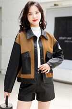 主推现货休闲短款外套女宽松小个子2022年新款时尚女士拼接皮衣，女装皮衣，江南女神