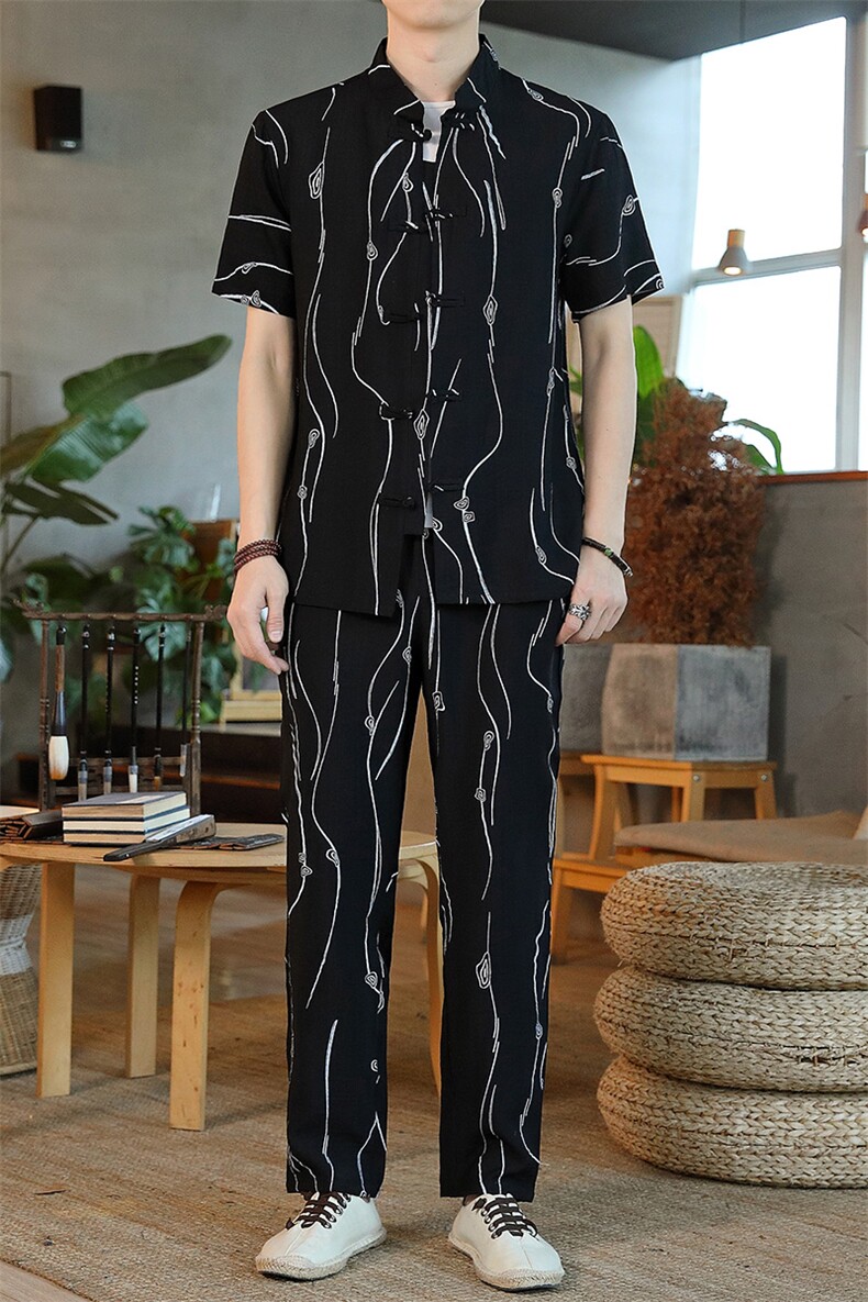 男士夏季风汉服棉麻透气舒适复古开衫唐装两件套HO6930-P65,男装民族服装,星座1105-3