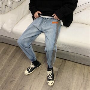 拼色裤子男生原宿风韩版撞色直筒牛仔裤ins港风百搭潮牌束脚裤图片