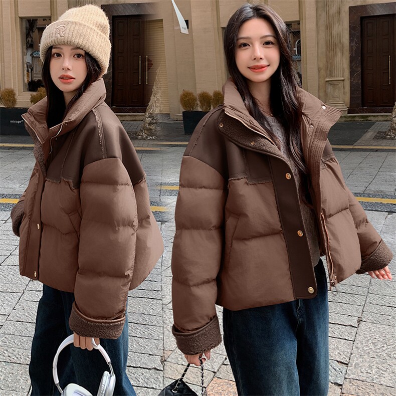 长袖立领直筒型常规拉链2026年冬季白鸭绒插肩袖PU拼接羽绒服，女装羽绒服，微微衣阁