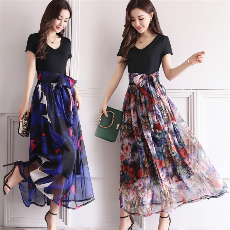 套头高腰圆领短袖中长款印花大摆2022年夏季连衣裙，女装连衣裙，时尚俏佳人