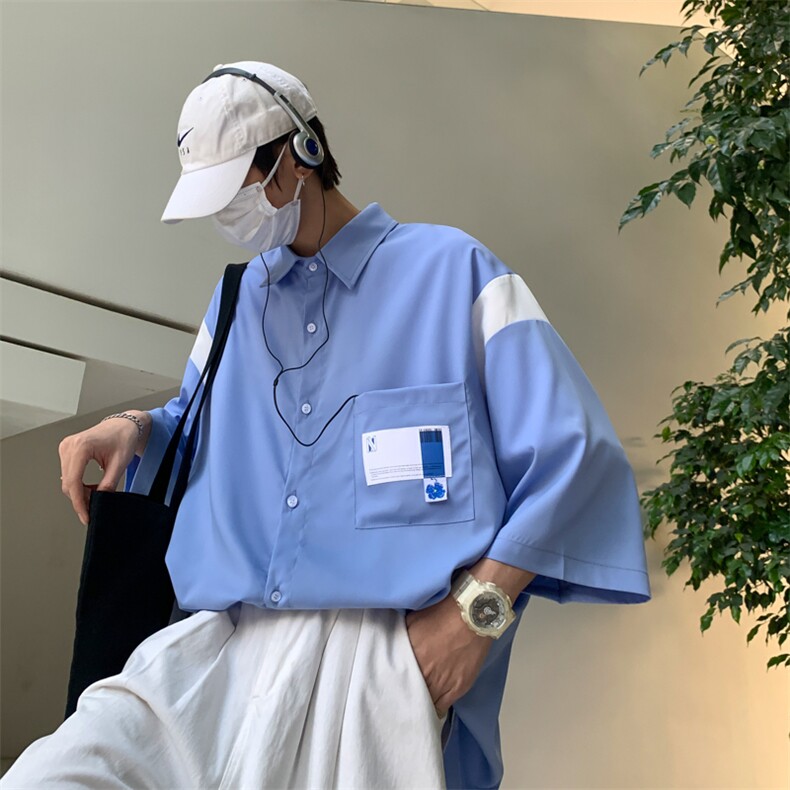 【2025春夏】拼接CITYBOY风中性休闲夏季宽松五分袖男短袖衬衫,男装T恤,星座112A