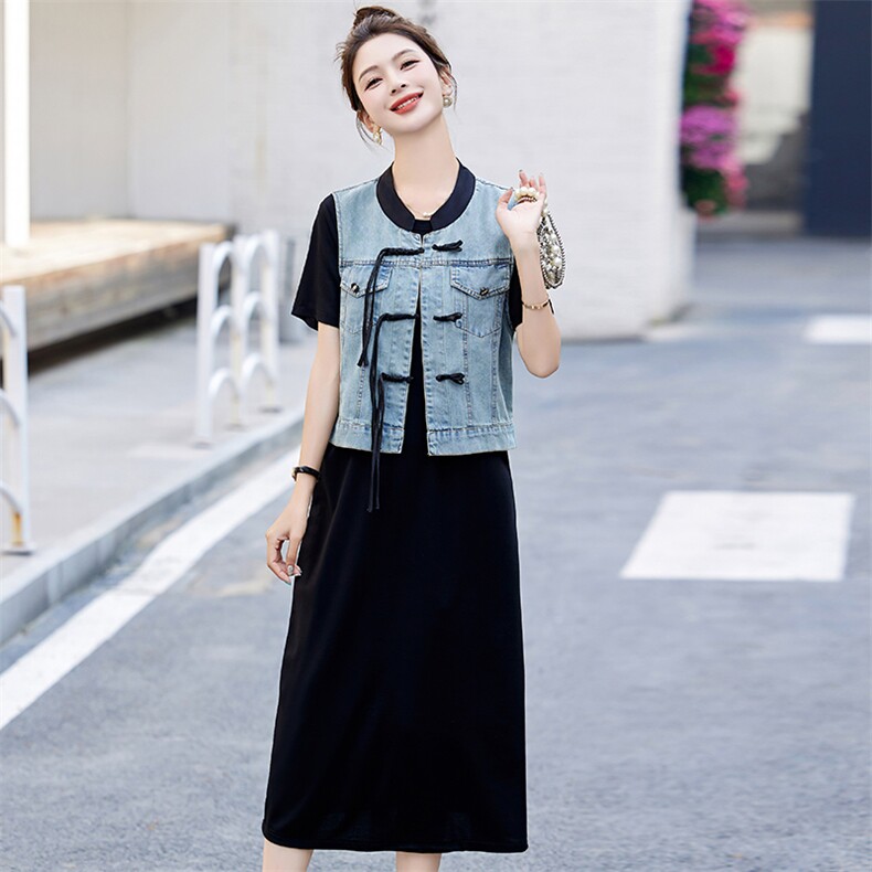 现货针织盘扣牛仔裙女2024夏季新款洋气休闲气质两件套,女装套装/套裙,魅影