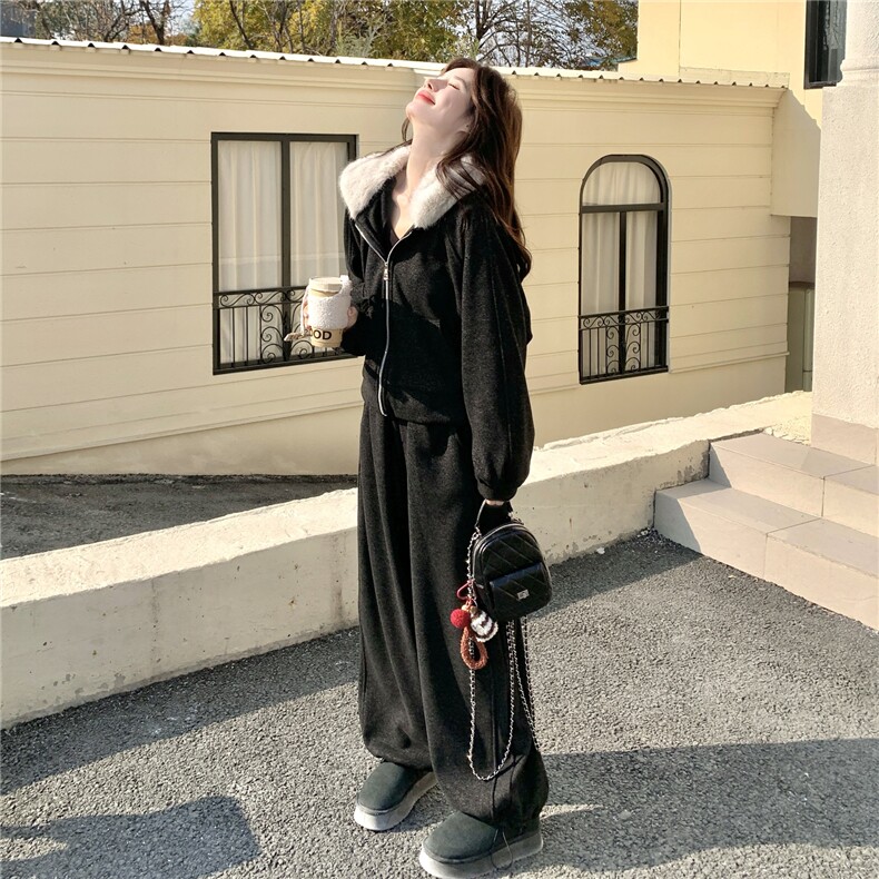 韩系慵懒风毛领连帽卫衣套装女冬季加绒加厚两件套休闲运动套装,女装套装/套裙,维壹