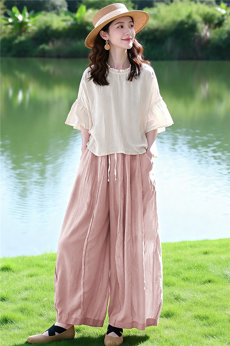 芷墨夏季新款新中式宽松透气两件套显高显瘦通勤上衣阔腿裤套装女,女装套装/套裙,芷墨服饰