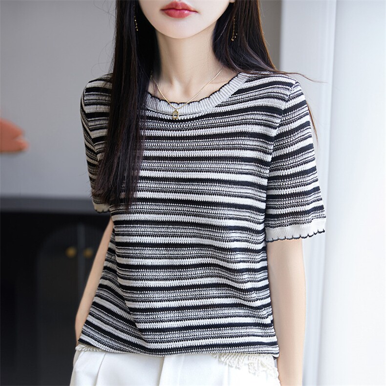夏季花边圆领莱赛尔天丝半袖T恤女宽松撞色条纹休闲针织短袖上衣，女装针织衫/毛衣，郡淞羊绒