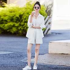 天丝透气防晒套装女夏款新款时尚高级感修身衬衫连体短裤两件套潮，女装套装/套裙，慧峰