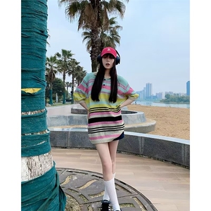 美式复古条纹针织短袖衬衫男女休闲百搭宽松套头polo衫A6088-p40图片