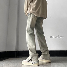 黄泥染拉链开叉牛仔裤男夏季水洗做旧vibe美式拖地裤潮牌微喇裤子，男装牛仔裤，星座506A