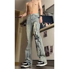 黄泥色火焰印花牛仔裤男款美式潮牌痞帅炸街直筒裤A8054-P46，男装牛仔裤，星座208-5