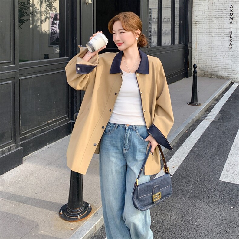 设计感撞色拼接卡其色风衣外套女春秋2025新款爆款高级感显瘦大衣,女装风衣,1D103